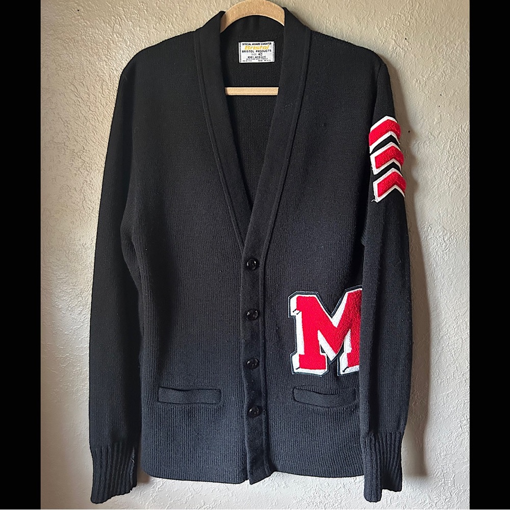 Vintage Bristol Letterman Sweater with M Letter and Arm Stripes Two Pockets